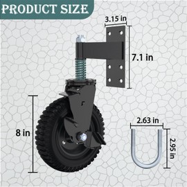 Gate Wheel with Brake, 8 Inch Wheel Diameter, 15.4 Inch Height, Suit for Metal Tube & Wooden Gates, 700lbs Capacity, Spring-Loaded Heavy Duty Rubber Casters, Black