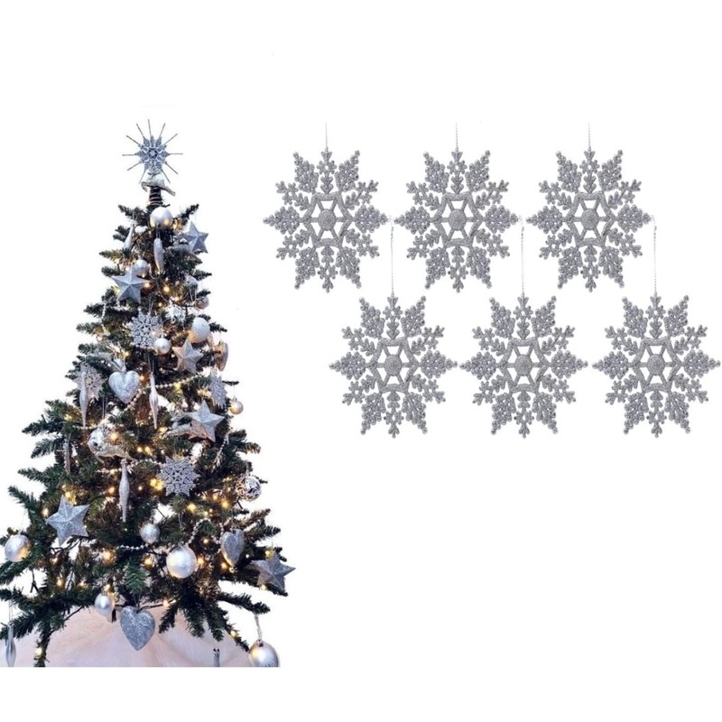 12pk Glitter Snowflake Hanging Decorations, Christmas Tree Snowflake Baubles/Ornaments (Silver)