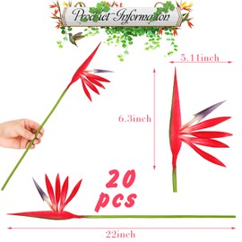 Giegxin 20 Pieces Bird of Paradise Artificial Plant 22 Inch Hawaiian Tropical Flowers Faux Flowers Bouquet Large Elegant Green Plant for Home Garden Decoration Office Wedding Decor Supplies (Red)