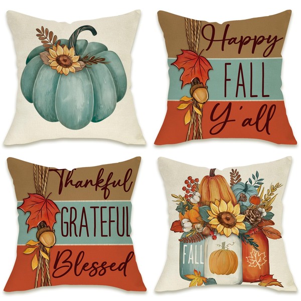 Fahrendom Happy Fall Y'all Teal Pumpkin Decorative Throw Pillow Covers