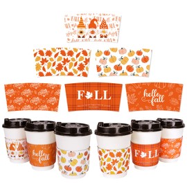 Whaline 60 Pack Fall Thanksgiving Coffee Tea Cup Sleeves Autumn Orange Simple Pattern Paper Sleeve Disposable Corrugated Cup Paper Jacket for Hot Chocolate Cocoa or Cold Beverage, 6 Design