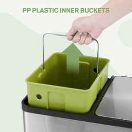 Kitchen Trash Can, 16 Gallon Garbage Can with Dual Inner Bins, Large Capacity 60 Liter Trash Can with Soft-Close Foot Pedal, Wide Stainless Steel Shape