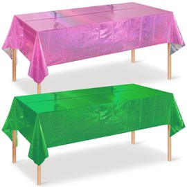 2 Pcs Iridescent Pink and Green Tablecloth Party Decorations, Holographic Foil Plastic Table Cloths for Rectangle Tables, Disposable Green and Pink Table Cover for Witch Theme Birthday Party Supplies