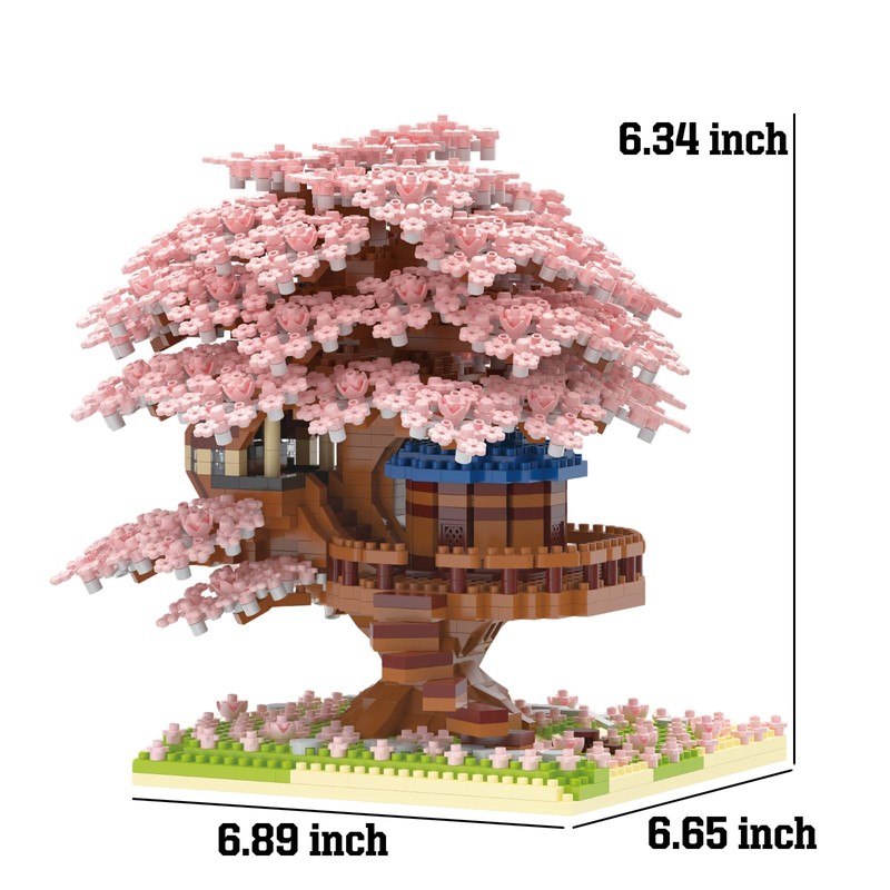 Pink Cherry Blossom Tree House Micro Blocks Model, Building Blocks