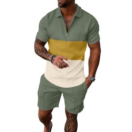 UOUA Mens Short Sets 2 Piece Summer Casual Outfits Polo Short Sleeve Shirts & Shorts Track Suit Jogging Sweatsuit Loungewear Yellow Block Green M
