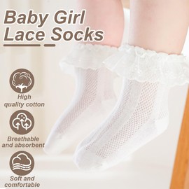 AFCJLTO 2 Pairs of Baby Girls Socks with Ruffles and Lace for Christening and Everyday Use - Elastic & Comfortable for Newborns, Toddlers, Children