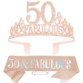 Hapdoo 50th Rose Gold Birthday Decorations, 50th Birthday Sash and Crown for Women, Happy 50th Birthday Decorations for Women, 50 and Fabulous Tiara and Sash Set Birthday Decorations
