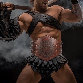 ITAZEM Viking Mens Wide Belt Waist Armor, Faux Leather Wide Waist Belt, Medieval Knight Embossed Corset Belt for LARP Costume, Brown, Adjustable Size