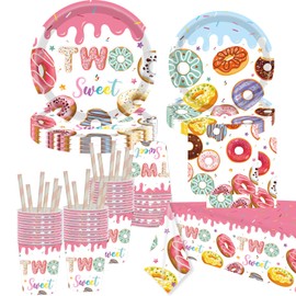 85PCS Two Sweet Donut Party Supplies, 9in 7in Donut Party Plates Napkins Cups Straws Tablecloth Donut Birthday Party Tableware for 16 Guests