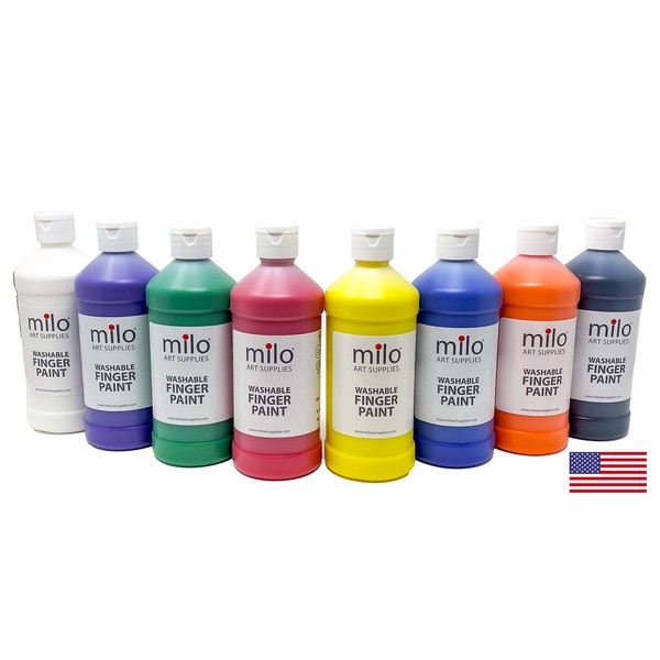 milo Kid's Washable Finger Paint Set of 8 Colors | 16 oz Bottles | Safe and Non-Toxic | Made in the USA | Art & Craft Paints for Kids, Toddlers, Pre School Supplies Painting Set for Children | Easy Pour and Squeeze Large Bottles