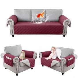 RAPRAP 100% Waterproof Armchair Cover with Side Pockets, Washable Anti-slip Chair Cover for Single Sofa Couch, Furniture Protector Cover for Pets Children Dog Cat, Red,1 Seater