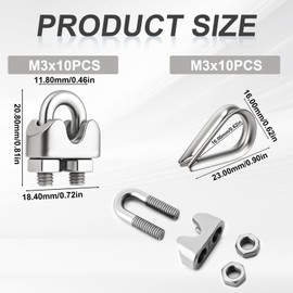 Xialvyu Pack of 20 Stainless Steel Rope Clamps 3 mm with 10 Wire Rope Clips & 10 Thimbles, Wire Rope Clips for Steel Cable, Garden, Construction, Washing Line, Awning