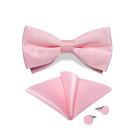 DiBanGu Silk Pink Bow Ties for Men Blush Pink Pre-tied Bowtie and Pocket Square Cufflinks Set Wedding Party