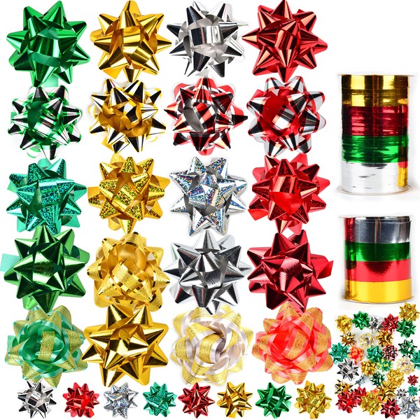 JOYIN 48 Self Adhesive Bows with 8 Rolls of Curling Ribbons for Christmas, Bows, Baskets, Wine Bottles Decoration, Gift Wrapping and Decoration Present