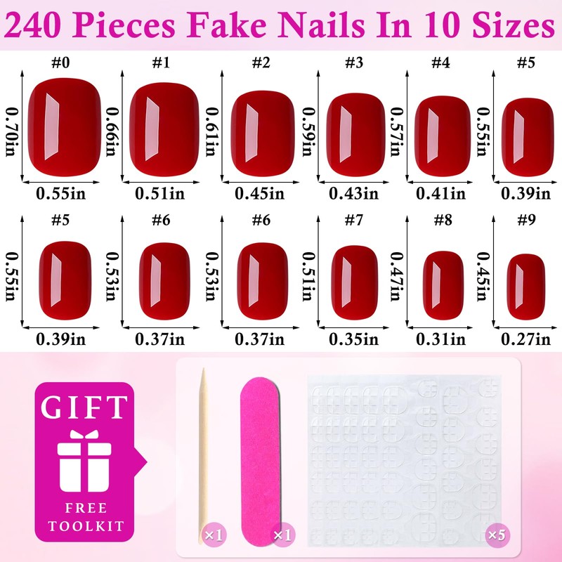 240PC Extra Short Press on Nail Square Red Fake Nails