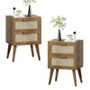 Rattan Nightstand Set of 2,Mid Century Modern Bedside with Storage,Wood End Table, Accent Side Table with 2 Hand Made Rattan Decorated Drawers for Small Space, Livingroom,Bedroom,Caramel Oak CTG59BR-2