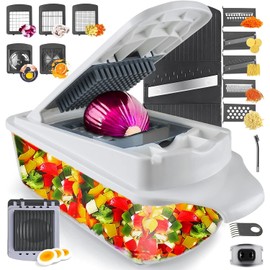 RüK - Cortador de verduras para cebolla, cortador de alimentos 22 en 1 para tomate y fruta con exprimidor de limón, receta electrónica, 11 cuchillas, 