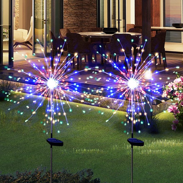 OriginalSourcing Solar Garden Lights Solar Outdoor Lights Outdoor Waterproof, 2 Pack Solar Powered Firework Stake Lights for Outdoor Decor,120 LED Sparklers String Lights for Yard Pathway (Colorful)