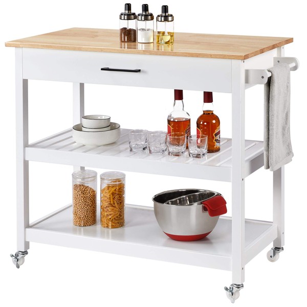 Yaheetech Kitchen Island Cart on Wheels, 3 Tiers Rolling Utility Cart with Rubberwood Countertop and Drawer & 2 Spacious Storage Shelf, Serving Trolley for Dining Room, White