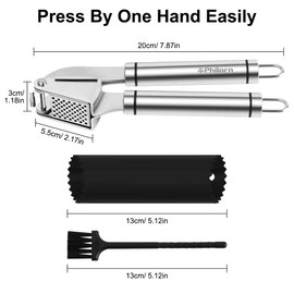 Philorn Garlic Press Stainless Steel Professional Kitchen Aid - Premium Garlic Mincer, Ginger Crusher with Garlic Peeler & Cleaning Brushes - Extra Strong & Durable - Handy & Easy to Clean