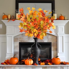 Fall Artificial Plants Stems Indoor In Vase, 6pcs Faux Autumn Silk Maple Leaves Branches For Home Bedroom Livingroom Office Decoration, Green Yellow Orange-red Fake Leaf For Harvest Festival Décor