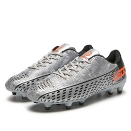 LEOCI Soccer Cleats for Women's and Men's Outdoor Unisex Football Shoes Firm Rugby Boots Silver-Black