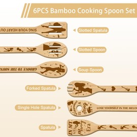 GLOBLELAND 6Pcs Music Woman Bamboo Cooking Utensils Wooden Engraved Cooking Spoons Set Guitar and Notes Carving Kitchen Bamboo Spatula Set Wood Cooking Spoon for Kitchen House Warming Gift