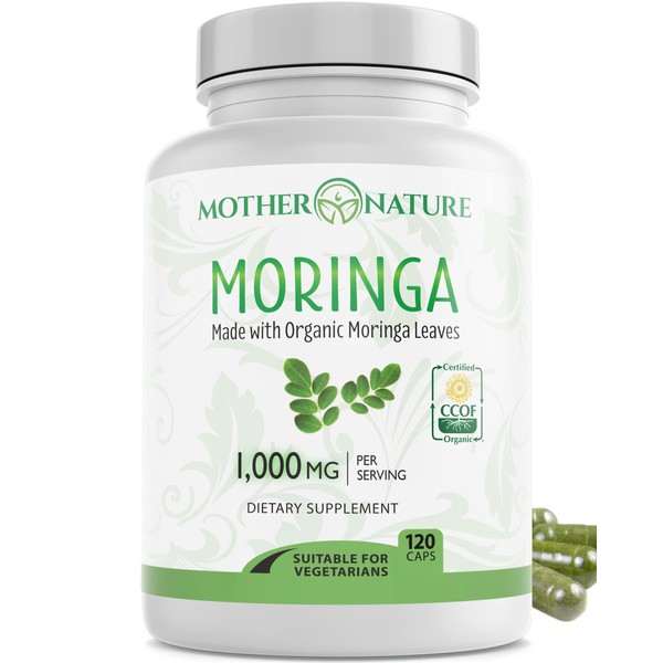 Moringa Capsules 1000mg, From Organic Certified Moringa Leaves Powder - Greens Superfood Powder Supplement - Energy, Focus, Lactation Support, Vitamin C For Immune Support - Vegan, Non-GMO (120 Count)