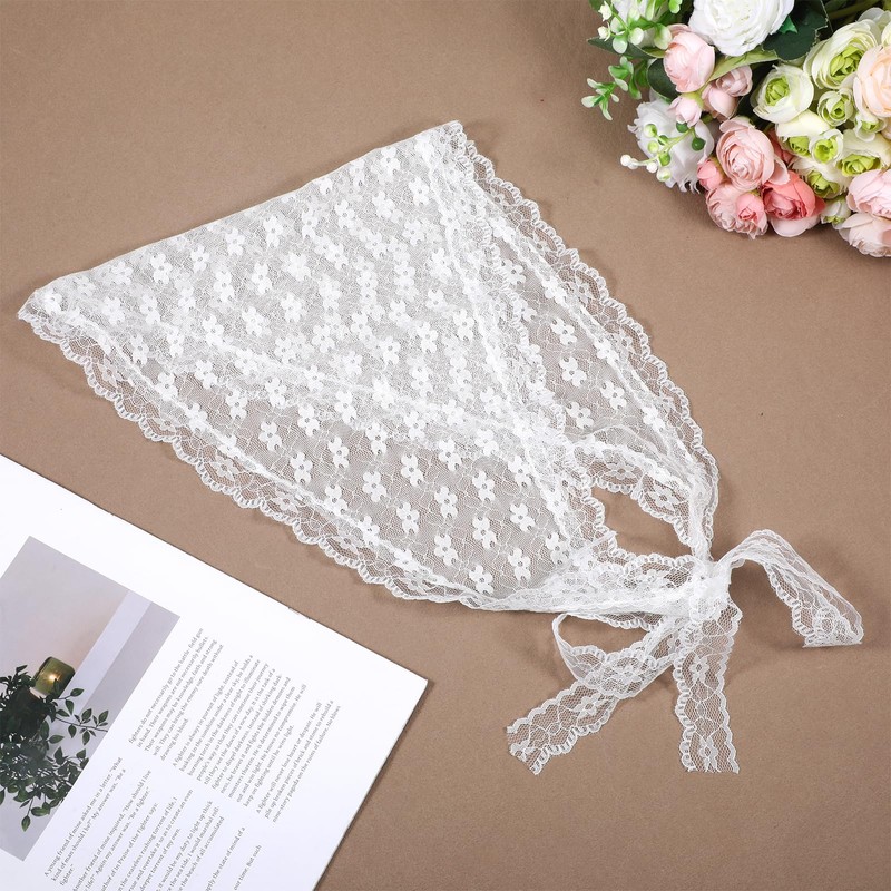 White Lace Head Scarf, Floral Apron Triangle White Head Scarf