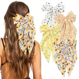 4 Pcs Hair Bows for Women Big Ribbon Bows for Hair Long Tail Bow Hair Clips Cute Hair Barrettes Hair Accessories for Girls (Flower Print)