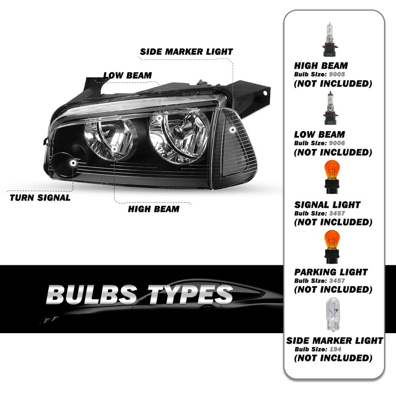 SOCKIR 4Pcs Headlight Assembly Compatible with 2006-2010 Dodge Charger Headlight