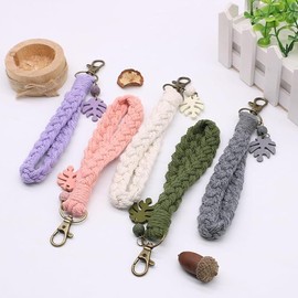 Decorative Macrame Keychain with Monstera Leaf Charm, Braided Cotton Rope, Olive Green