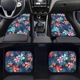GEMEICHI Tropical Flower Car Floor Mats Carpet Set of 4 Abstract Bright Colorful Summer Floral with Leaves Floor Mats for Cars Universal Vehicle Front Rear Rugs Cute Car Decor Accessories for Trucks