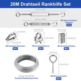 Homvvi Wire Rope 3 mm, 20 m Wire Rope Trellis Set - Turnbuckles Stainless Steel Cable with Eyelets Swivel Rope Clips for Climbing Plants, Curtains, Lighting and Hanging