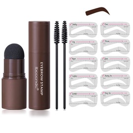 Eyebrow Stamp Waterproof, Brow Stamp Shaping Kit Eyebrow Definer, One Step Brow Stamp Shaping Kit, Professional Eyebrow Powder, 10 Reusable Eyebrow Stencils, 2 Eyebrow Pen Brushes, Dark Brown