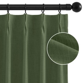 HOMEIDEAS Olive Green Pinch Pleated 100% Blackout Curtains, Linen Blend Noise Reduction Thermal Insulated with Adjustable Hook and Rings, for Living Room, Bedroom, 40" Wx84 L, 2 Panels