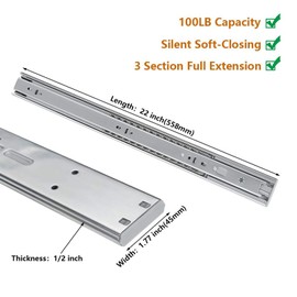 LONTAN 5 Pairs 22 Inch Soft Close Drawer Slides Side Mount Heavy Duty Cabinet Drawer Glides Ball Bearing Full Extension Kitchen Cabinet Rails 100 LB Capacity
