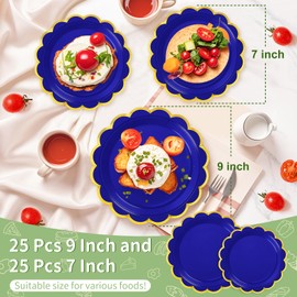 LIKAJON 50 Pcs Royal Blue Paper Plates, 25 Pcs 9" and 25 Pcs 7" Disposable Royal Blue Scalloped Plates with Gold Foil for Graduation Wedding Baby Shower Birthday Party Picnic BBQ