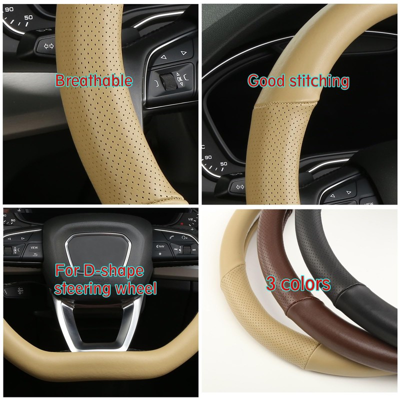 Cxtiy D Shaped Steering Wheel Cover, Genuine Leather Flat Bottom