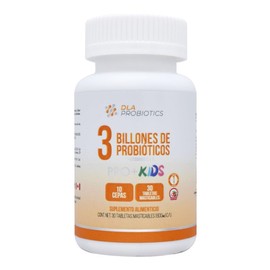 Pro + Kids Probióticos para Niños en tabletas 3 Billones UFC | 10 Cepas Probióticas con Vitaminas C y D | 30 Tabletas Masticables Sabor Fresa | Vegana