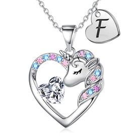 TINGN Unicorn Gifts for Girls Chain - 14 Carat Gold-Plated Unicorn Chain Girls Heart Chain with Letters Necklace Girls Unicorn Gifts for Girls Jewellery Birthday Gift for Girls, White Gold, Cubic