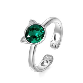 Green Cat Ring, 925 Sterling Silver Animal Adjustable Open Ring with Simulated Emerald May Birthstone Cat Jewelry Gifts for Women