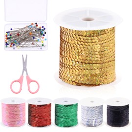 Swpeet 6mm 100 Yard Gold Flat Sequin Strip Teal Sequins Trim Paillette on a Roll and Map Push Pins with Scissors Assortment Kit, Fabric Metallic Stretch Teal Sequin Elastic Trim Embellishments