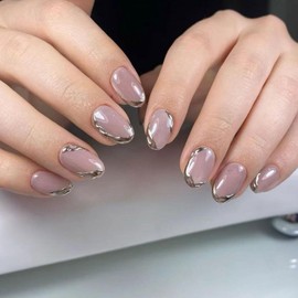 3D Chrome French False Nails Short Oval Shape Press on Nails with Metallic Silver Tips Glossy Nude Fake for Women Daily Wear, 24 Pcs