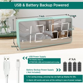 Peakeep Digital Clock, Alarm Clock Battery Backup Powered for Bedrooms - Mirror Face Large Numbers 6 Dimmers for Seniors, Super Loud for Heavy Sleepers (Aqua)