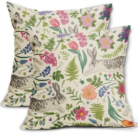 Spring Pillow Covers 24x24 Inch Set of 2 Rabbit Bunny Pink Flower Sage Green Leaves Vintage Botanical Plants Easter Themed Print Decorative Throw Pillows Seasonal Pillow Cases Couch Bed Sofa Decor