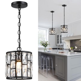 MEXO Modern Crystal Pendant Light,Black Chandelier Light Fixture, Cylinder Adjustable Height Pendant Lights for Kitchen,Dining Room,Living Room,Foyer,Hallway