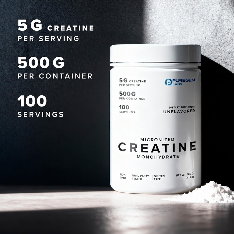 Puregen Labs Micronized Creatine Monohydrate Powder 500g – Pure, Unflavored,