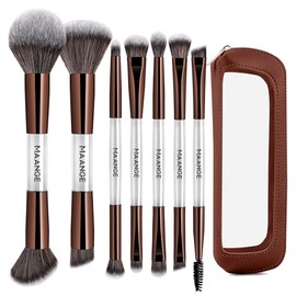 MAANGE Set de Brochas de Maquillaje 7 en 14 Brochas de Maquillaje de Doble Punta Kits de Maquillaje para Base Líquida, Polvo, Contorno, Corrector, Sombras de Ojos y Difuminar(Café-2)