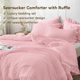 JOLLYVOGUE Pink Twin Size Comforter Set, 2 Pieces Seersucker Lightweight Fluffy Bedding Set, Twin Ruffle Comforter, All Season Soft Microfiber Shabby Chic Bed Set